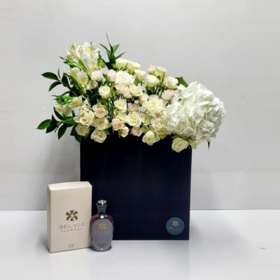 Fresh flowers black box with perfume