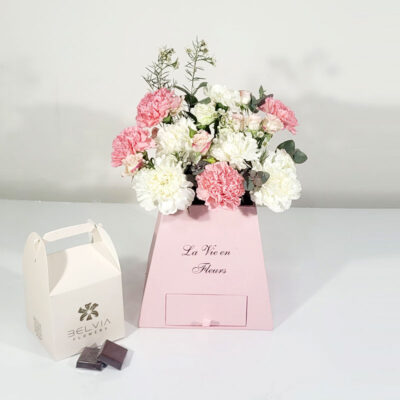 carnation basket with chocolate